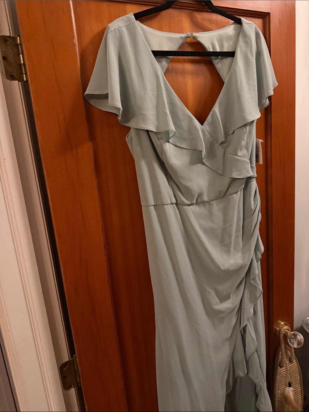 David's Bridal Sage Green Flutter-Sleeve Ruffle Maxi Dress